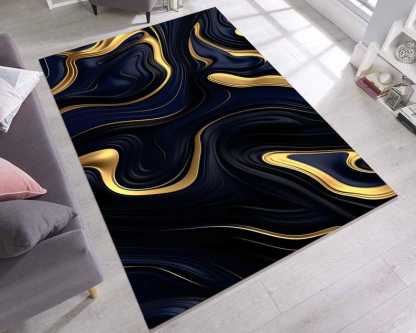 Black and Gold Abstract Rug – Glam Modern Home Decor Carpet