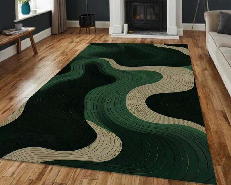 Abstract Green Wavy Rug – Earth Tone Minimalist Modern Carpet