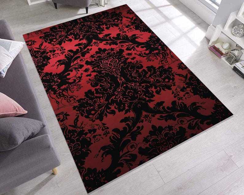 Baroque Damask Rug – Moody Red & Black Gothic Style Carpet