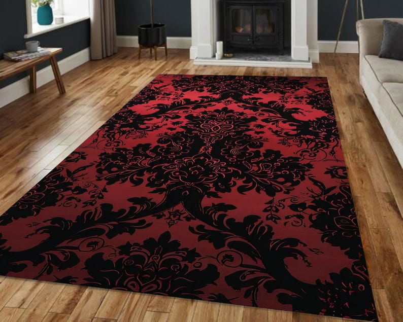 Baroque Damask Rug – Moody Red & Black Gothic Style Carpet