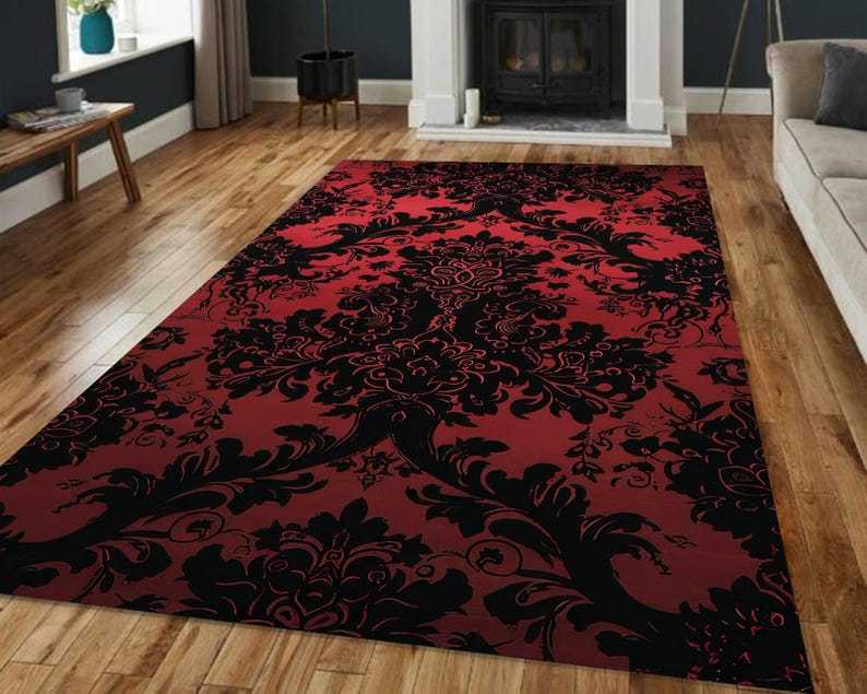 Baroque Damask Rug – Moody Red & Black Gothic Style Carpet