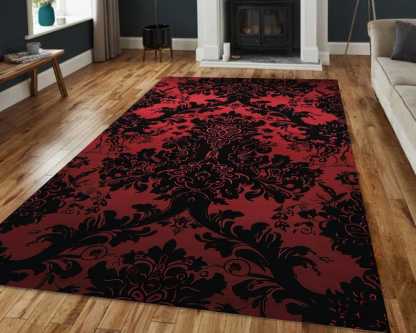 Baroque Damask Rug – Moody Red & Black Gothic Style Carpet