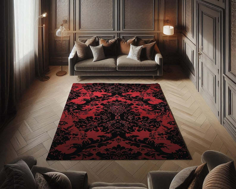 Baroque Damask Rug – Moody Red & Black Gothic Style Carpet