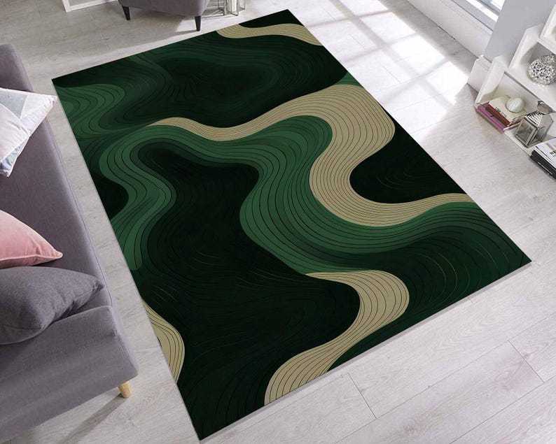 Abstract Green Wavy Rug – Earth Tone Minimalist Modern Carpet