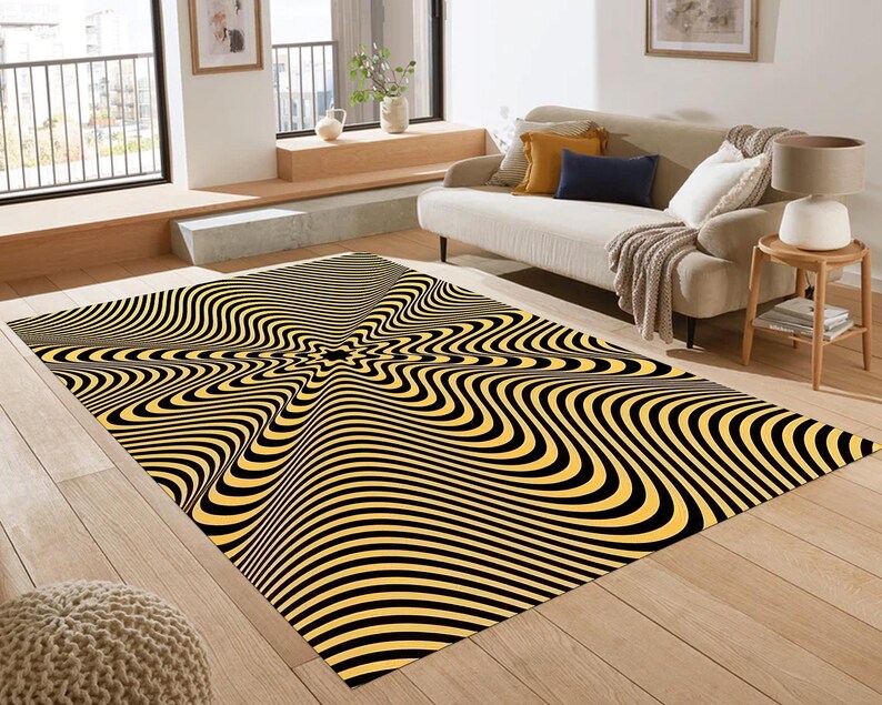 Optical Illusion Wave Rug – Black Beige Abstract Modern Carpet