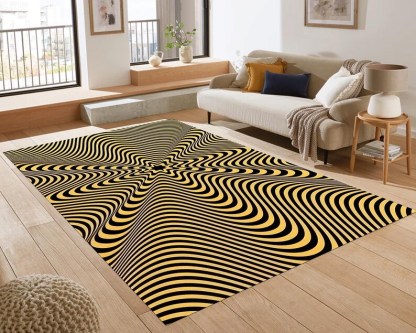 Optical Illusion Wave Rug – Black Beige Abstract Modern Carpet