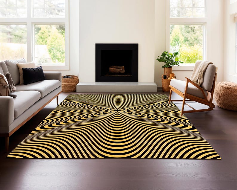 Optical Illusion Wave Rug – Black Beige Abstract Modern Carpet
