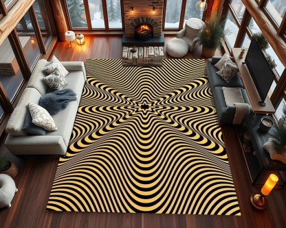 Optical Illusion Wave Rug – Black Beige Abstract Modern Carpet