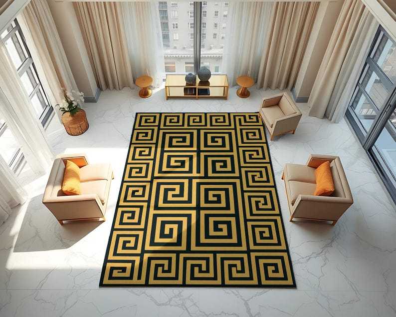 Black and Gold Greek Key Rug – Art Deco Living Room Carpet