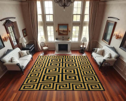 Black and Gold Greek Key Rug – Art Deco Living Room Carpet