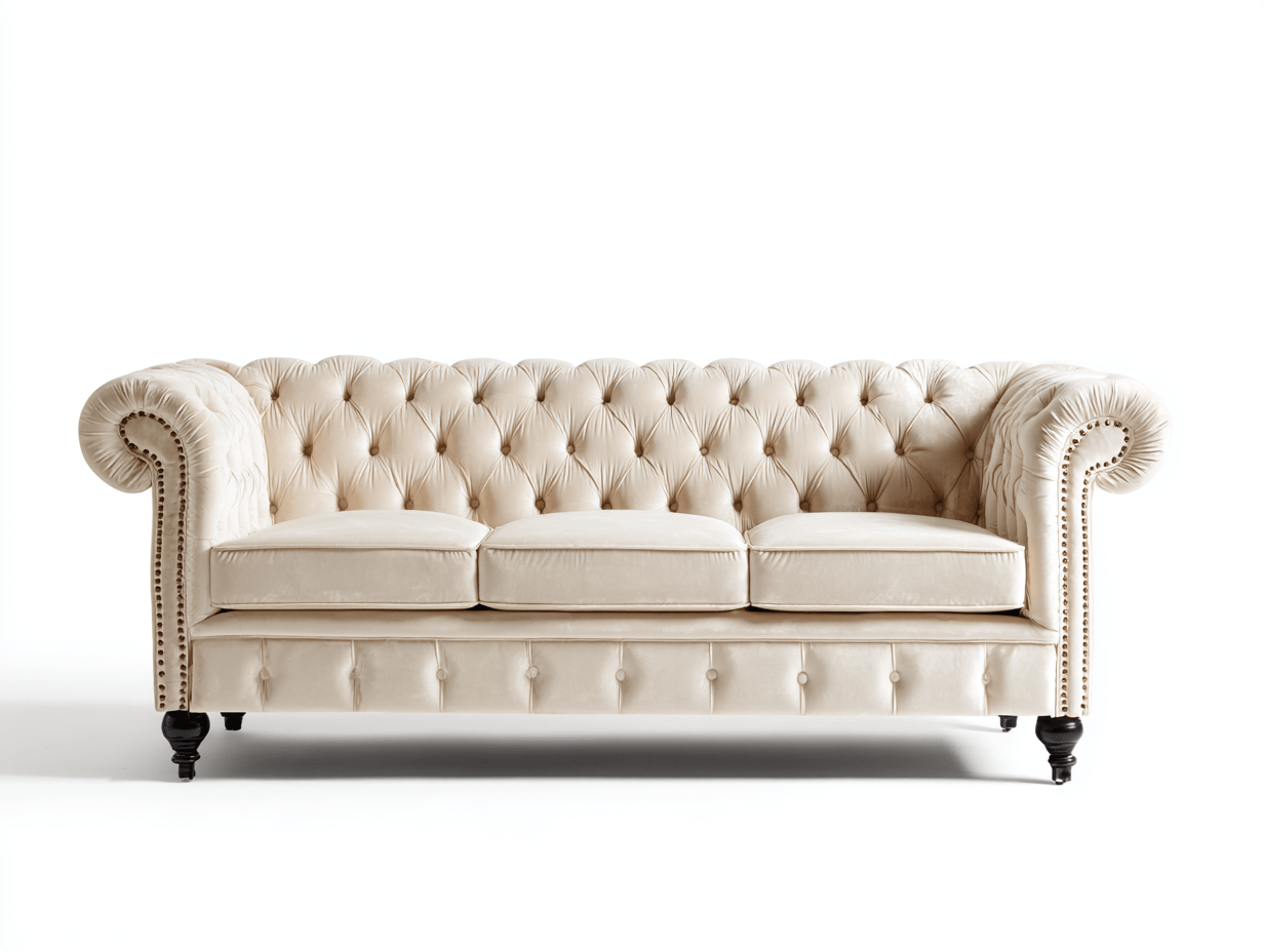Sofá Chesterfield 3 plazas tapizado en terciopelo 215×92×80 cm – beige crema – diseño clásico capitoné con tachuelas decorativas