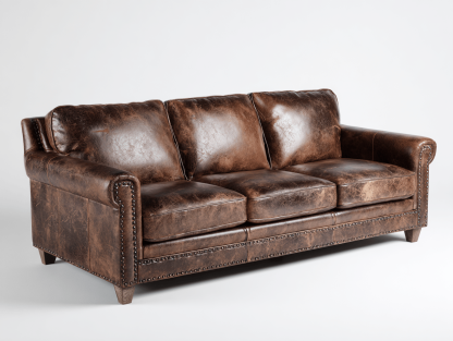 Sofá de cuero genuino 3 plazas 210×92×88 cm – marrón oscuro – con tachuelas decorativas