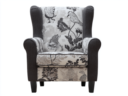 Sillón de tela 84×88×105 cm – gris con estampado de aves y hojas – respaldo alto clásico con reposabrazos curvos