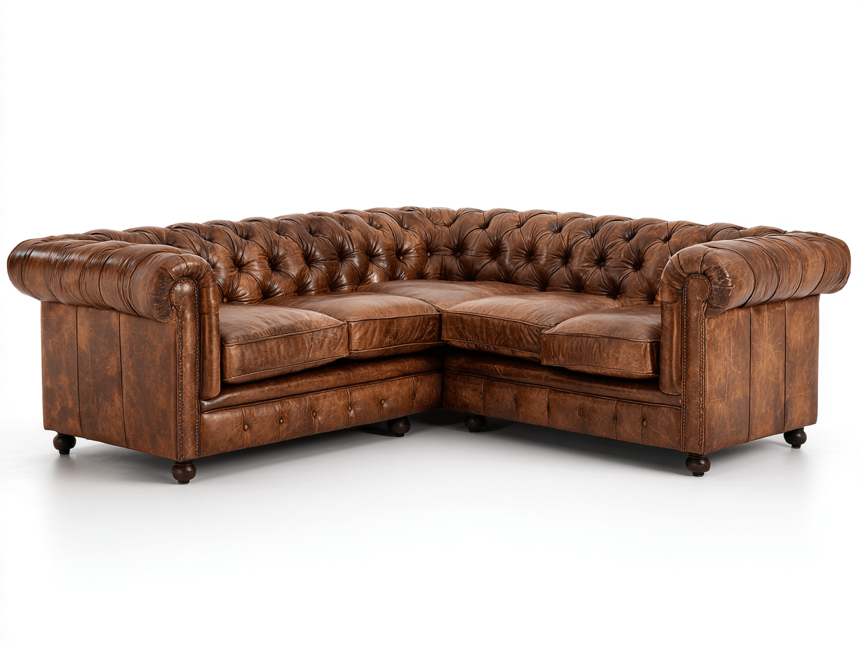 Sofá rinconera de cuero genuino 280×210×78 cm – marrón – estilo Chesterfield