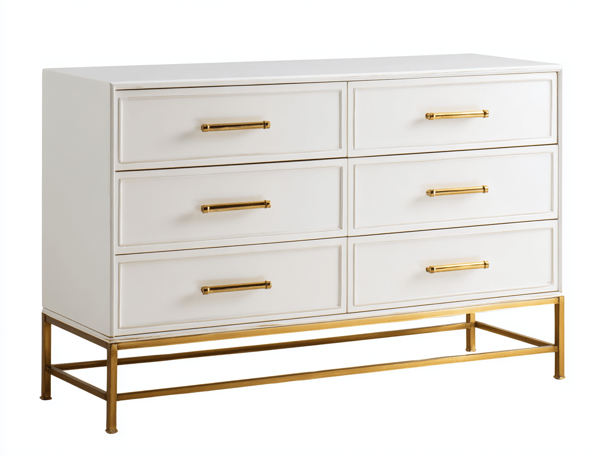 Cómoda contemporánea 121×43×86 cm – blanca – con 6 cajones y base metálica dorada