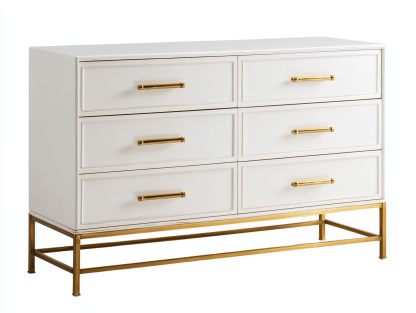 Cómoda contemporánea 121×43×86 cm – blanca – con 6 cajones y base metálica dorada