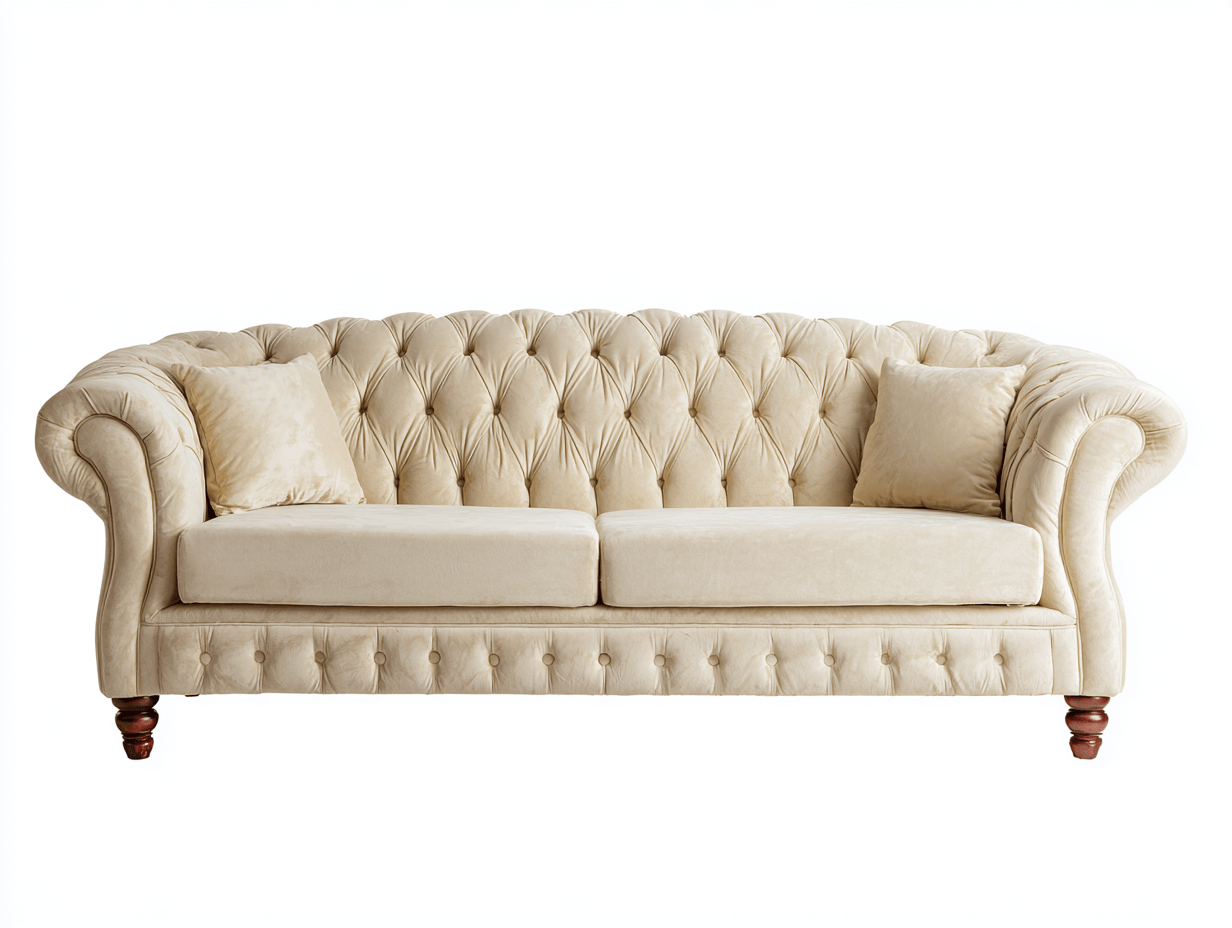 Sofá Chesterfield 3 plazas tapizado en terciopelo 220×95×80 cm – beige claro – diseño clásico capitoné con cojines