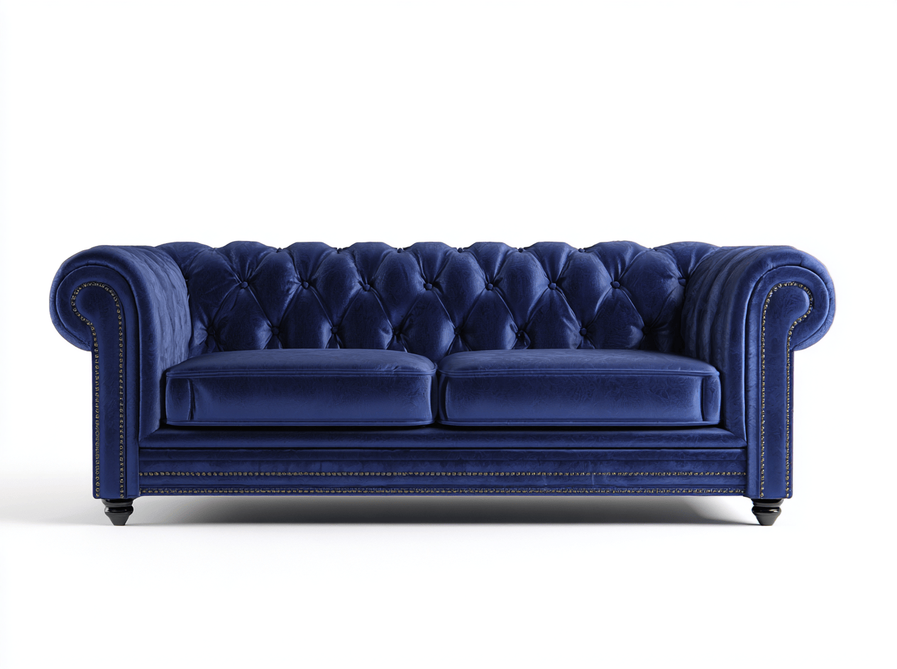 Sofá de tela 210×92×84 cm – azul marino – estilo clásico con capitoné y tachuelas