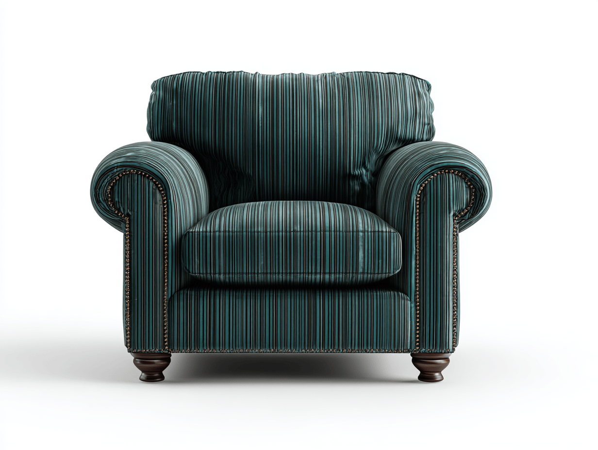 Sillón de tela 89×93×95 cm – verde oscuro – tapizado a rayas con clavos decorativos y cojín mullido