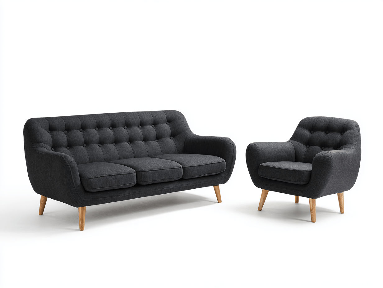 Conjunto de sofás 2 piezas tapizado en tela – negro – sofá 3 plazas y sillón con patas de madera