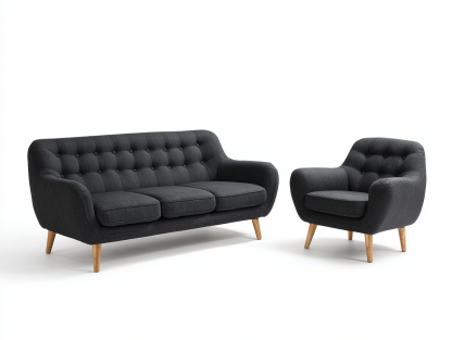 Conjunto de sofás 2 piezas tapizado en tela – negro – sofá 3 plazas y sillón con patas de madera