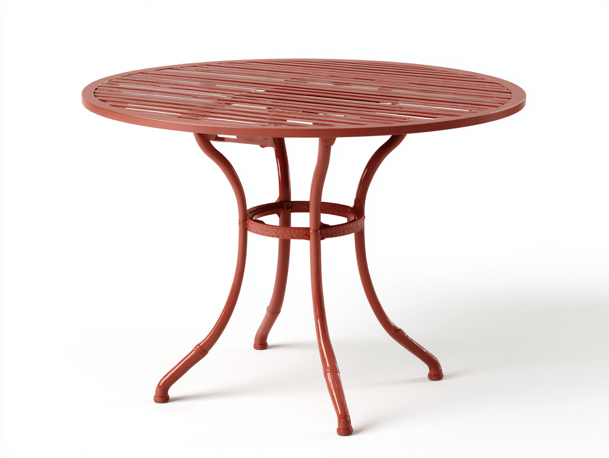 Mesa de comedor de jardín redonda – marrón rojizo – metálica con tablero de lamas