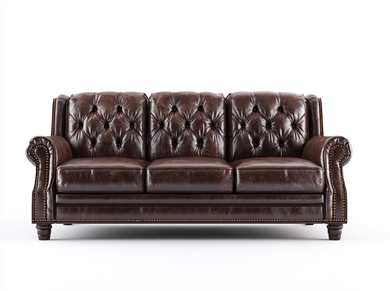 Sofá de cuero genuino 3 plazas 210×92×90 cm – marrón oscuro – capitoné tradicional con tachuelas