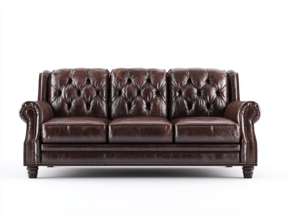 Sofá de cuero genuino 3 plazas 210×92×90 cm – marrón oscuro – capitoné tradicional con tachuelas