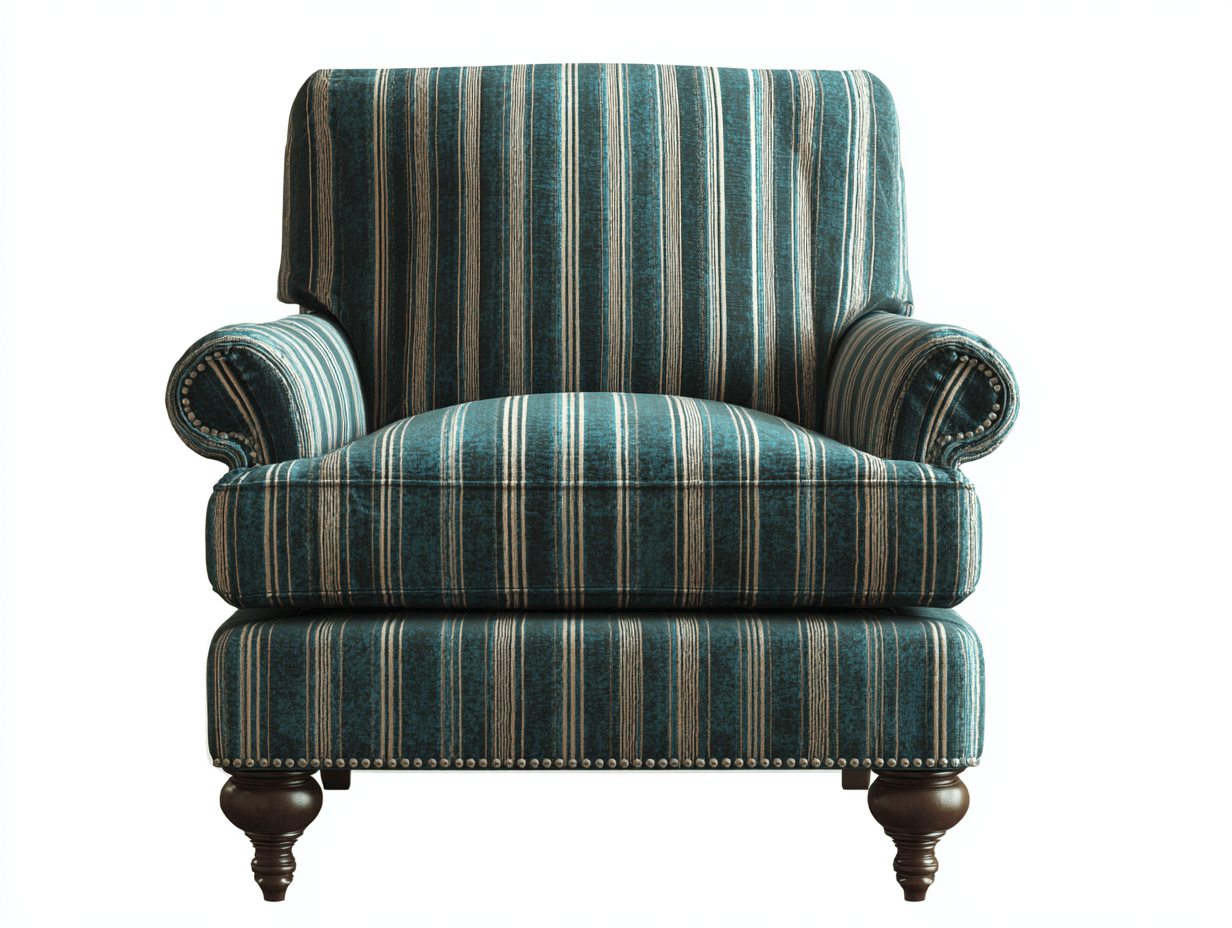Sillón de tela 87×92×96 cm – verde oscuro – tapizado a rayas con detalles de tachuelas y patas torneadas