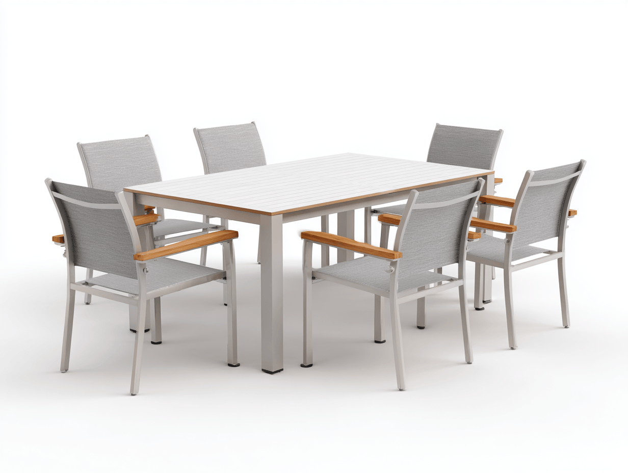 Mesa de comedor de jardín aluminio y madera 6 plazas – gris moderno – resistente a la intemperie