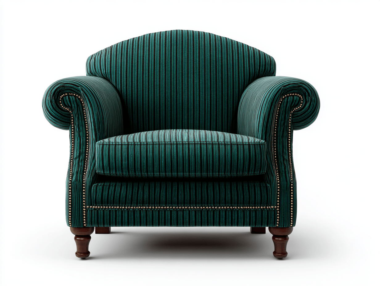 Sillón de tela 90×94×97 cm – verde oscuro – tapizado a rayas con clavos decorativos y reposabrazos redondeados