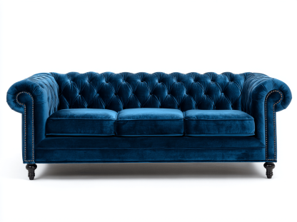 Sofá de tela 225×96×88 cm – azul marino – estilo Chesterfield con capitoné y tres cojines