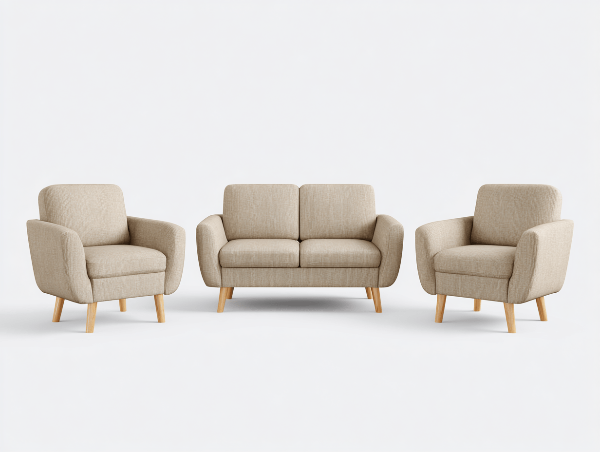 Conjunto de sofás 3 piezas tapizado en tela – beige – sofá 2 plazas y 2 sillones estilo nórdico con patas de madera