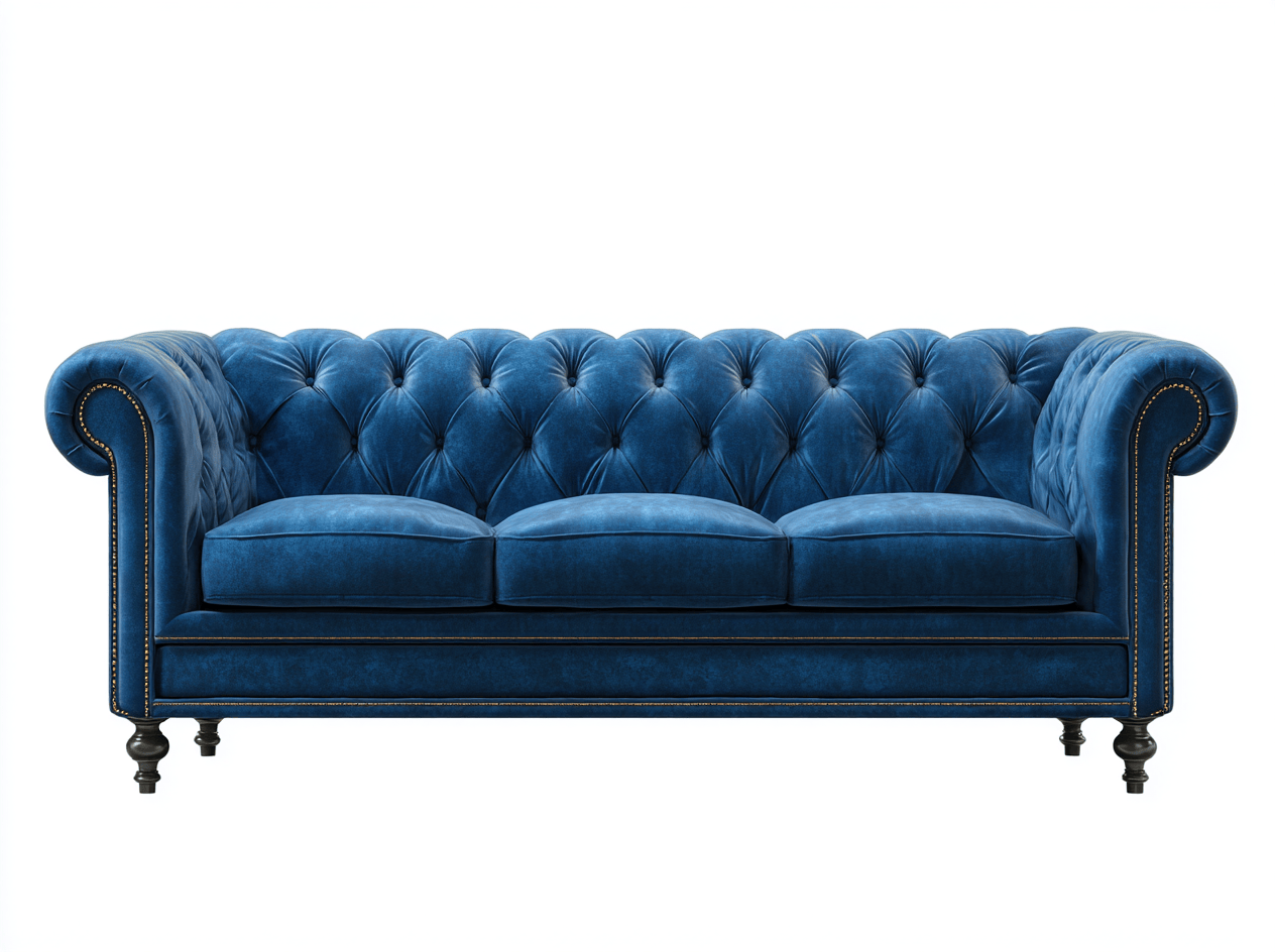 Sofá de tela 232×98×87 cm – azul – estilo Chesterfield con capitoné clásico