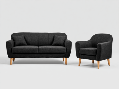 Conjunto de sofás 2 piezas tapizado en tela – negro – sofá 2 plazas y sillón diseño redondeado con patas de madera