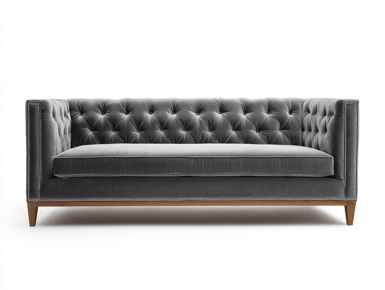Sofá Chesterfield terciopelo 208×89×77 cm – gris – diseño cuadrado con capitoné