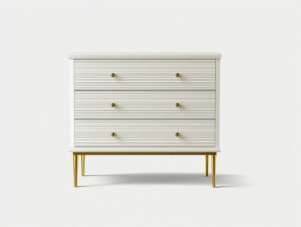 Cómoda contemporánea 90×42×84 cm – blanca – con 3 cajones texturizados y tiradores redondos dorados