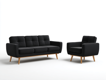 Conjunto de sofás 2 piezas tapizado en tela – negro – sofá 3 plazas y sillón estilo nórdico con patas de madera