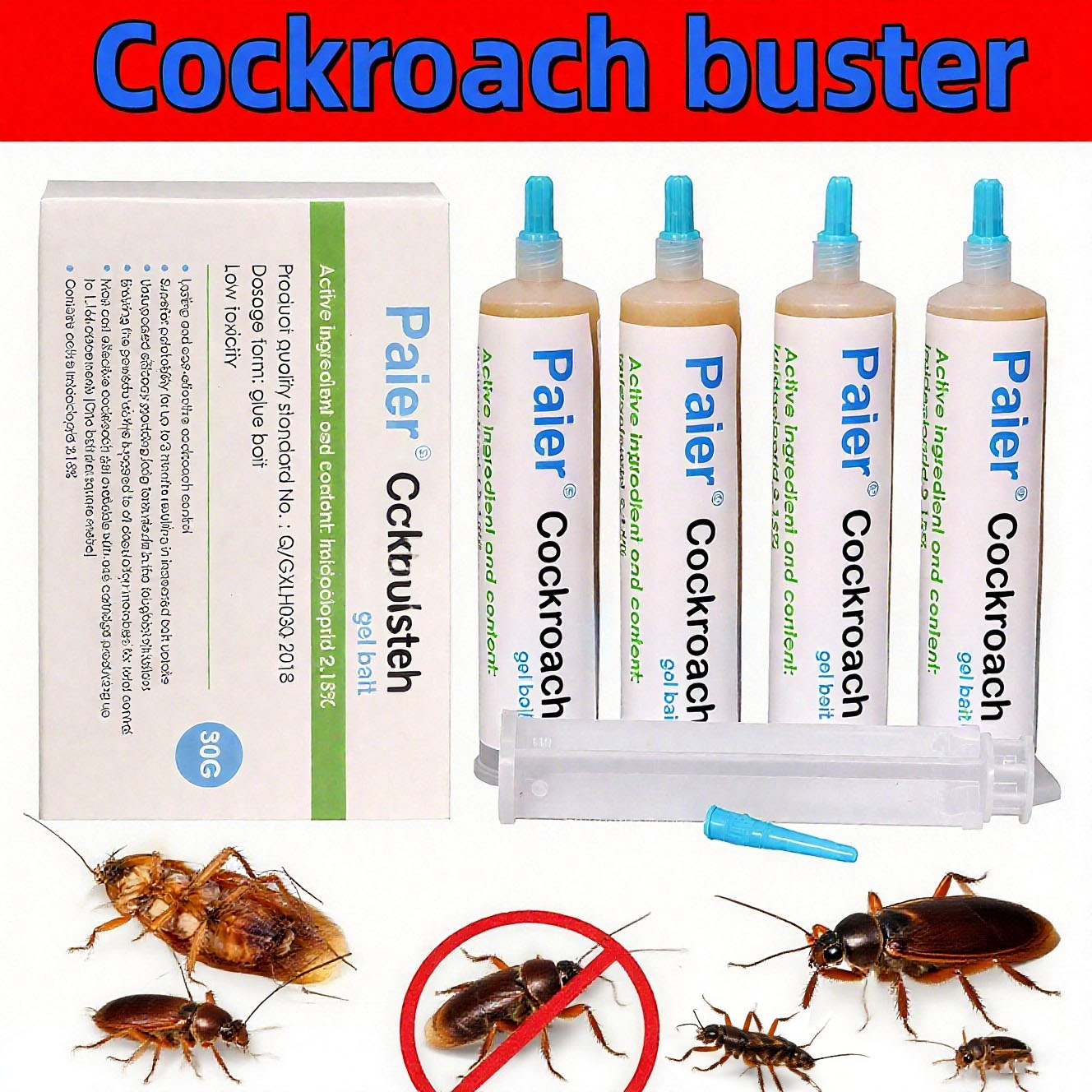 Indoor Cockroach Killer, Insect Repellent, 1 Tube x 30g, 1 Plunger and 1 Tip