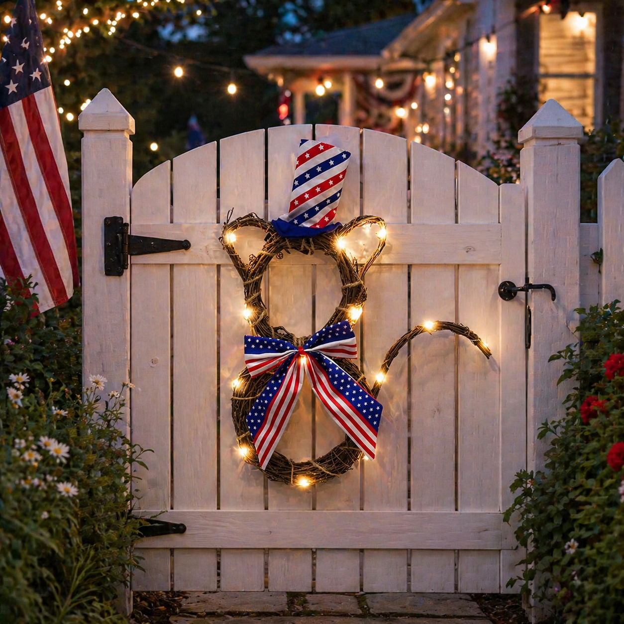 American Flag Independence Day Cat Wreath with Light