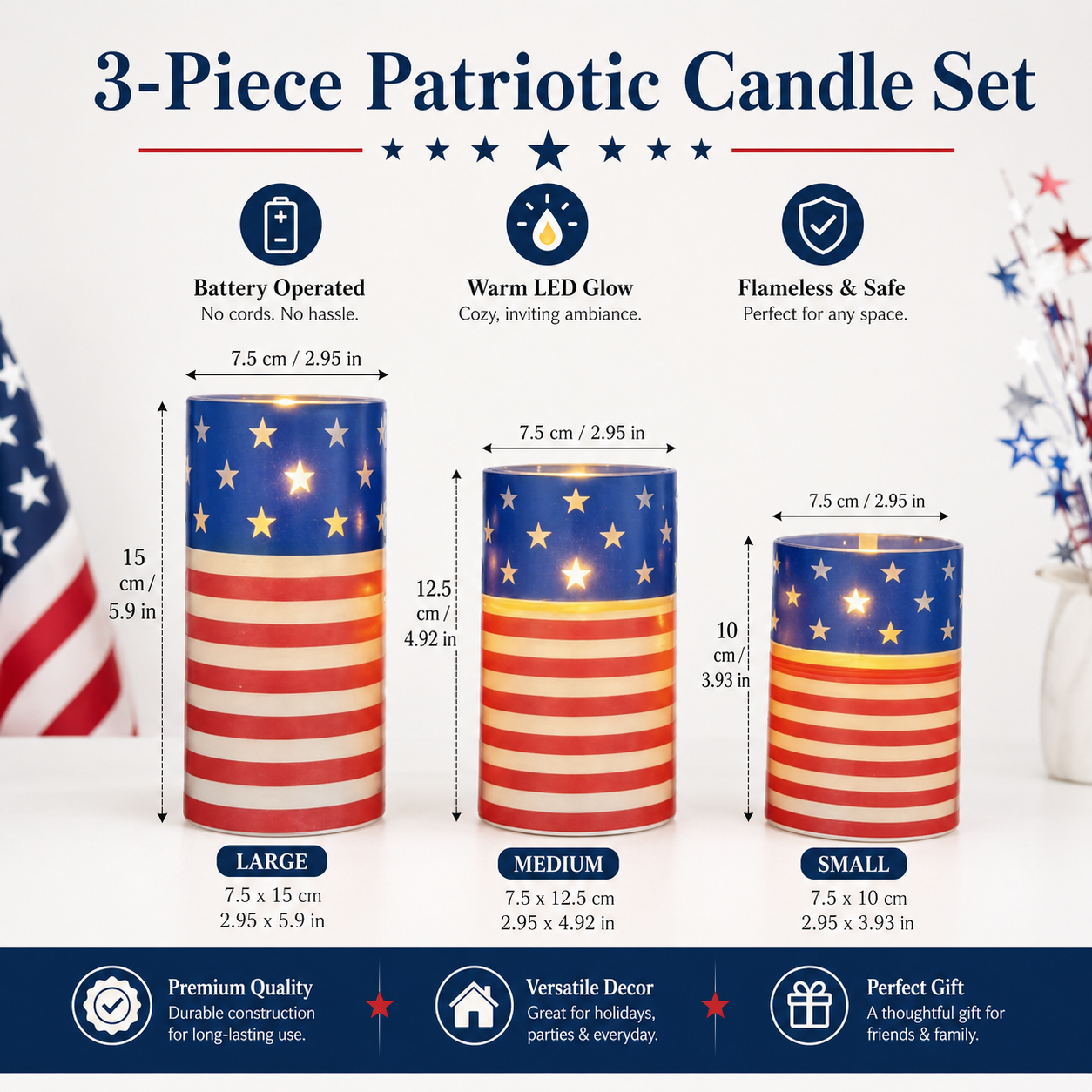 3-piece set of 4th of July flameless LED candles
