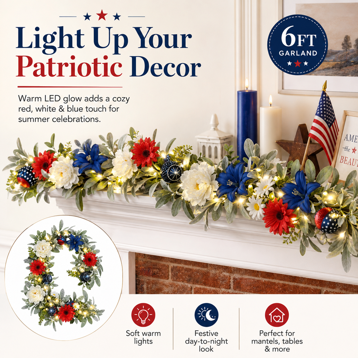 6FT Patriotic Garland with Lights