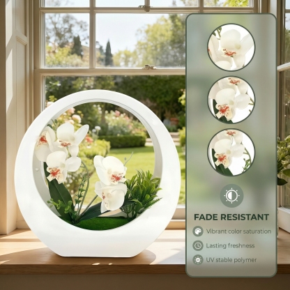 Faux Phalaenopsis Orchid in White Moon Planter – Elegant Artificial Flower Decor