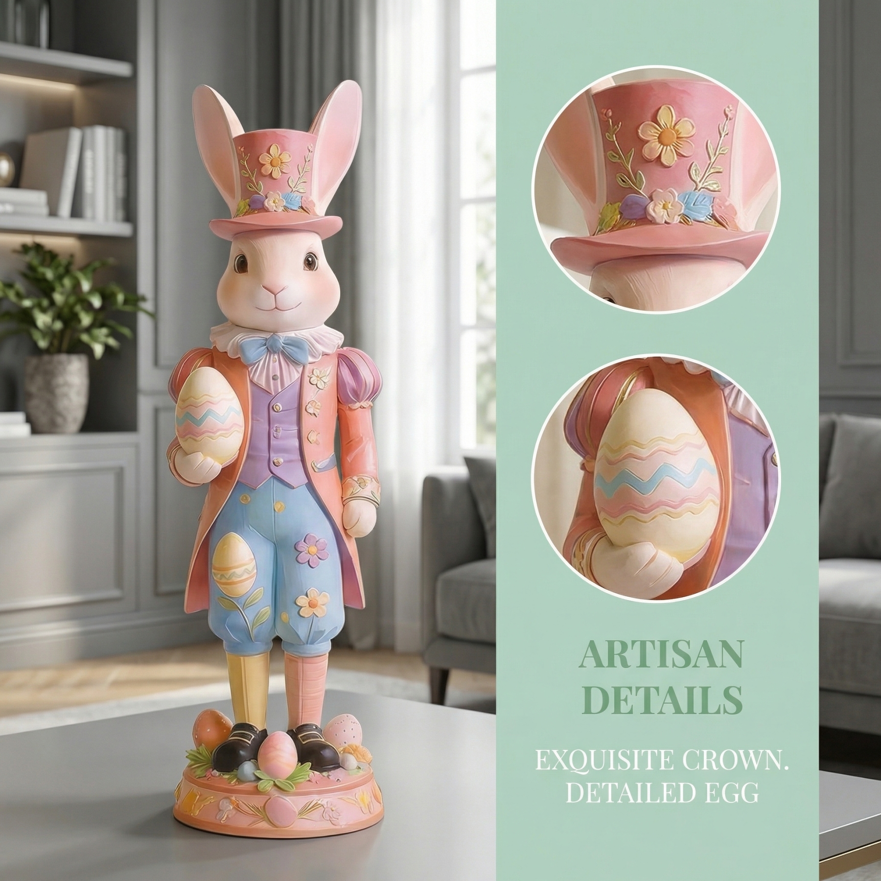 2 Packs Easter Royal Bunny Figurine – Resin Easter Egg Rabbit Tabletop Decor