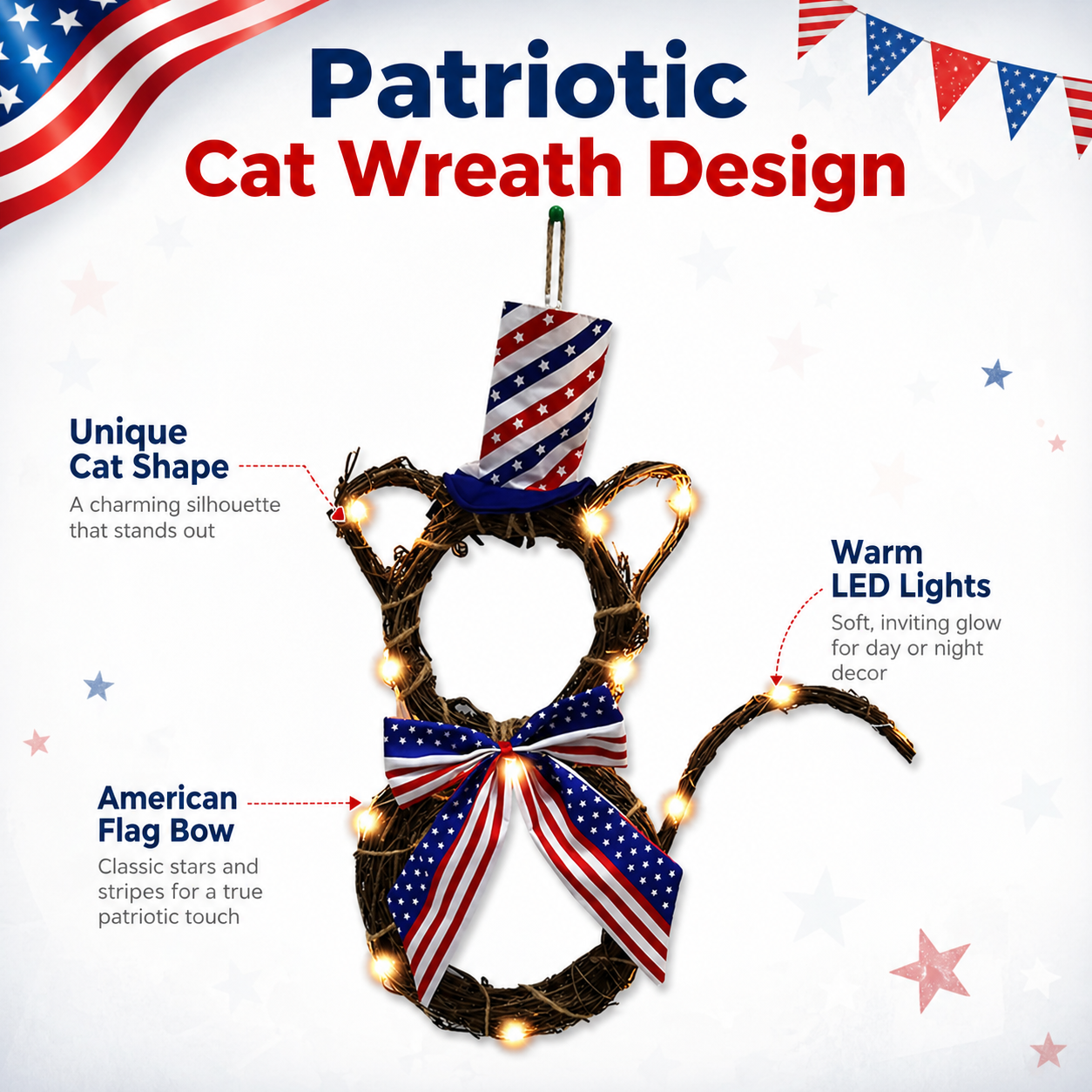 American Flag Independence Day Cat Wreath with Light