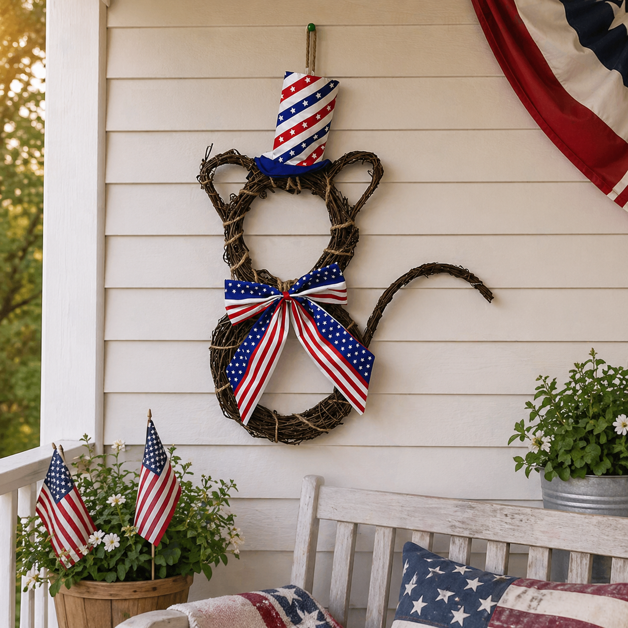 American Flag Independence Day Cat Wreath with Light