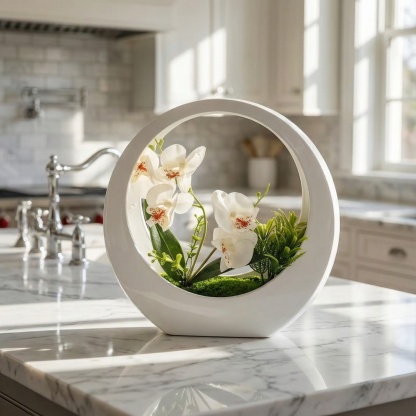 Faux Phalaenopsis Orchid in White Moon Planter – Elegant Artificial Flower Decor