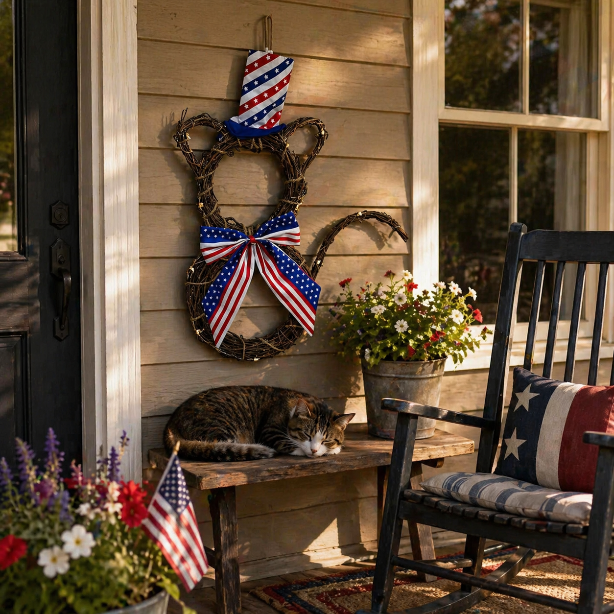 American Flag Independence Day Cat Wreath with Light