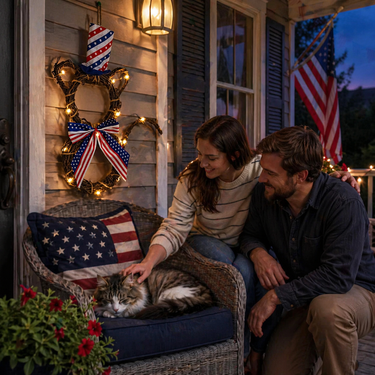 American Flag Independence Day Cat Wreath with Light