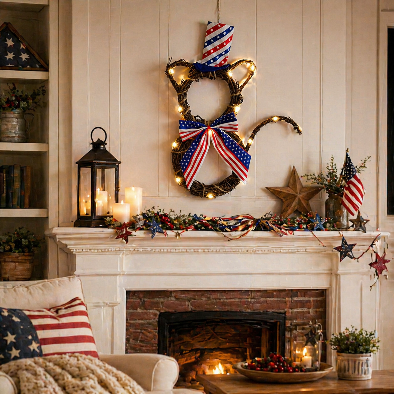 American Flag Independence Day Cat Wreath with Light